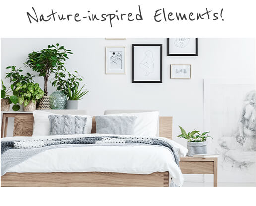 matching wooden bed and bedside table and lots of potted plants on shelf and bedside table, image on right showing close up of wooden bedside table with plant and coffee plunger and coffee cup on top of it